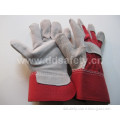Red Cotton Drill Back Rubberized Cuff Cow Split Leather Work Glove (DLC211)